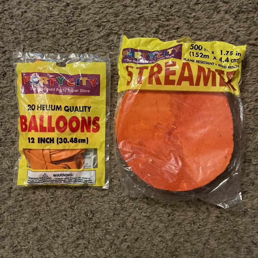 NEW Lot Of Party City Orange 12" 20 Balloons And 500 Ft. Crepe Streamers‎ NIP